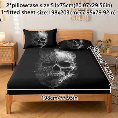 TEMU 3pcs Dry Branch Pattern Fitted Sheet Set-soft And Comfortable Bedding Bedspread Set For Bedroom, And Dorm Decor Three-piece Set (including 1pc Fitted Sheet + 2pcs Pillowcase) For Halloween