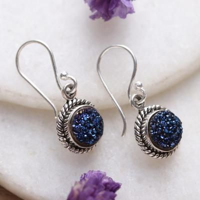 Sparkling Intuition,'Classic Blue Drusy Quartz Cabochon Dangle Earrings'