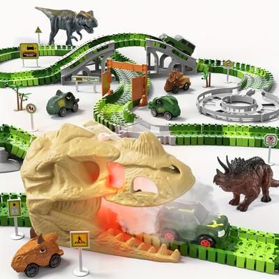 TEMU 249 Pcs Dinosaur Skeleton Rail Car Toys With Sound & Light, Dinosaur Race Car Tracks Diy Engineering For Children As Gifts