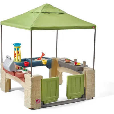 All Around Playtime Patio with Canopy, Kid Indoor and Outdoor Kitchen Playset, Sensory Playhouse,