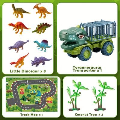 TEMU Dinosaur Truck Toy Set - Educational Playset With 8 Figures, Simulated T-rex Head, Realistic Transport Carrier For Toddlers - Safe & Sturdy, No Batteries Needed , Christmas Gift