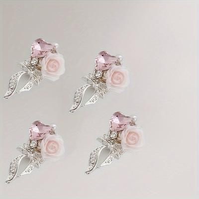 TEMU 10pcs Pink Rose Alloy Nail Art Charms With Crystals - Elegant Floral Nail Decorations For Diy Manicure & Pedicure, Durable Metal Accessories For Nails, Intricate Nail Art, Pearlescent Finish