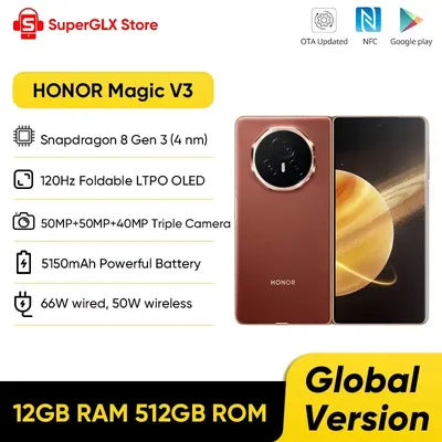Global Version Honor Magic V3 5G Foldable LTPO OLED 120Hz Display 7.92" 50MP Triple Cameras Snapdragon 8 Gen 3 5150mAh 66W NFC