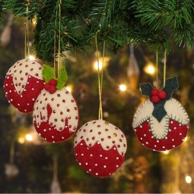 'Set of 4 Strawberry-Themed Red and White Wool Felt Ornaments'