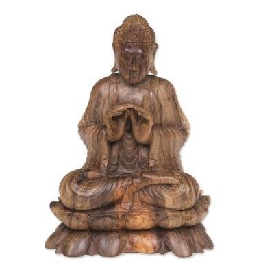 Vitarka Buddha on Lotus,'Balinese Hand Carved Hibiscus Wood Vitarka Buddha Statuette'