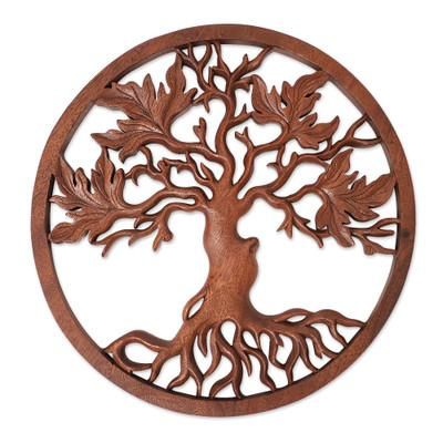 'Hand-Carved Suar Wood Relief Panel of Leafy Tree from Bali'