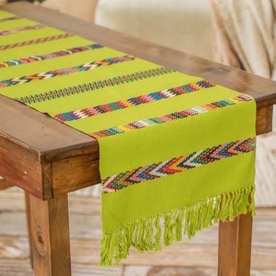 Route to the Forest,'Handloomed Striped Green Cotton Table Runner with Fringes'