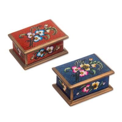 Precious Garden,'2 Red and Blue Reverse Painted Glass Floral Decorative Boxes'