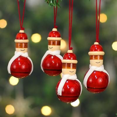 'Santa-Themed 4-Piece Painted Pala Indigo Wood Ornament Set'