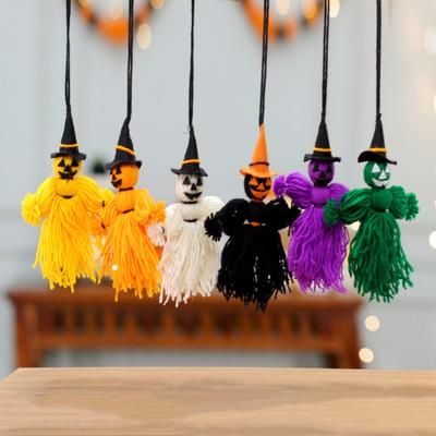 'Set of 6 Handcrafted Wool Witch Scarecrow-Themed Ornaments'