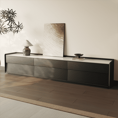 94.49" Mid-Century Glossy Sintered Stone Tabletop TV Stand, Modern Entertainment Center, Black Cabinet with Adjustable Light, Fully-Assembled, Perfect for 85-inch TVs