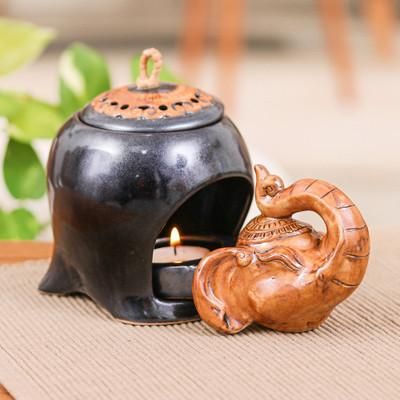 'Thai Handmade Elephant-Themed Dark Grey Ceramic Oil Warmer'