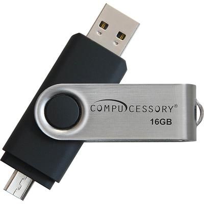 Compucessory 26471 Flash Drive, USB 2.0, 16GB, 3/4"Wx2-3/4"Lx1/4"H, Black/Silver CCS26471