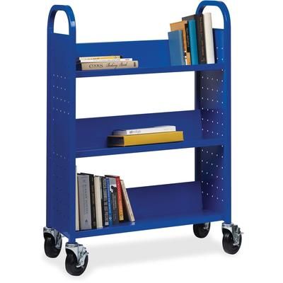 Lorell 99934 Book Cart, Single-sided, 3 Slant Shelves, 32" x 14" x 46", Blue