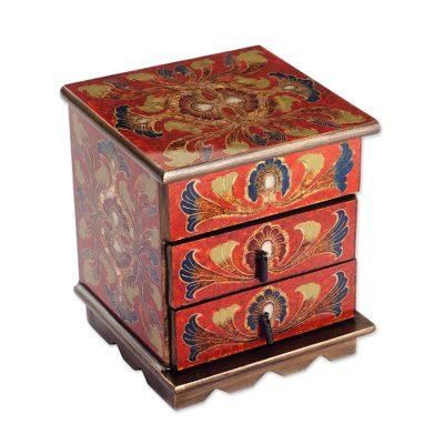 Joyous Red Enchantment,'Reverse Painted Glass Decorative Chest in Red from Peru'