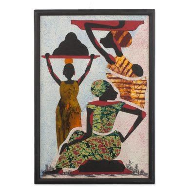 Porters,'Handcrafted Batik Painting of African People from Guatemala'