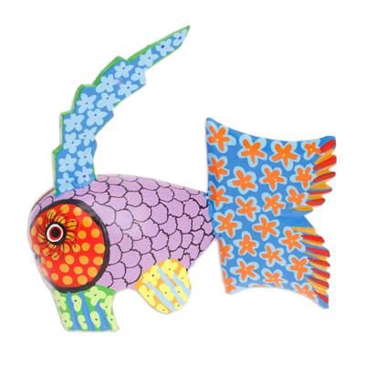 'Hand-Painted Wood Fish Alebrije Figurine with Floral Motifs'