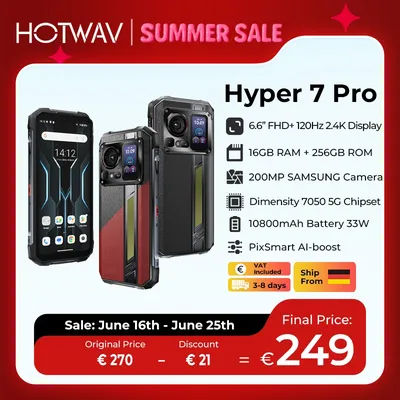 [Ship from DE] HOTWAV Hyper 7 Pro 5G Rugged Phone 200MP Android 14 6.6'' 120Hz Smartphone 36(16+20)GB 256GB 10800mAh Cell Phone