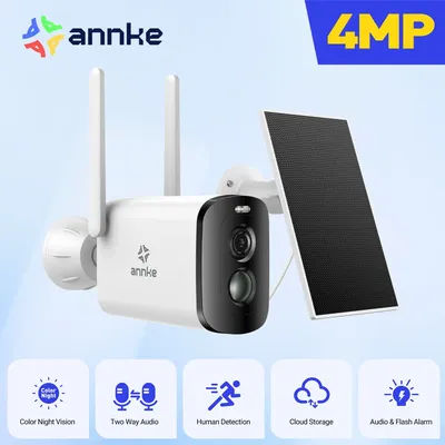 ANNKE 4MP Solar Battery Powered Wireless Security Camera 4MP Color Night Vision 2.4Ghz WiFi PIR Motion Outdoor IP Camera