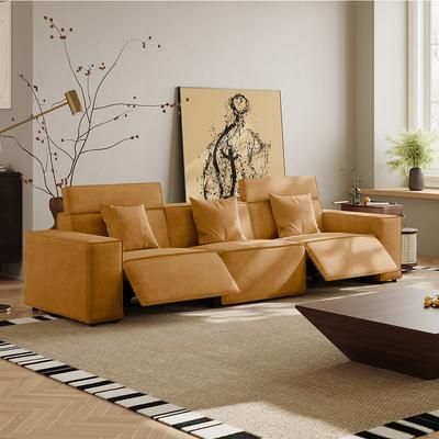 114.67"Minimalist Power Recliner Couch, 2 Recliners, Water Repellent, Scratch Resistant, Orange