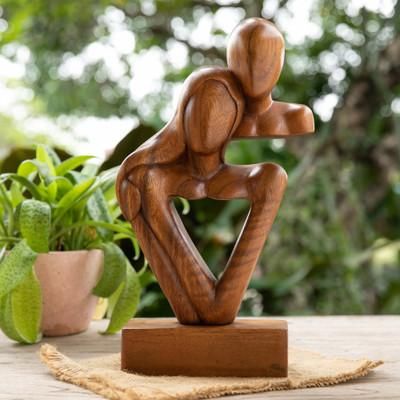 'Modern Hand-Carved Suar Wood Sculpture of Abstract Couple'