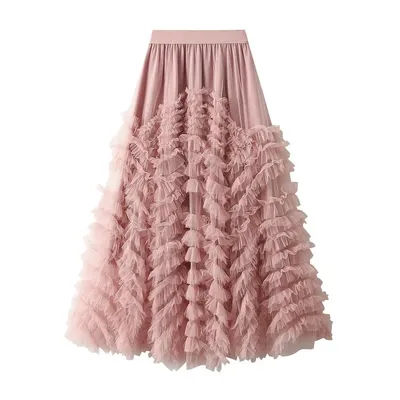 Jupe Maxi en Tulle à Plusieurs Niveaux pour Femme, Longue en Maille Rose, Taille Haute, Élégante, Nouvelle Collection 2024