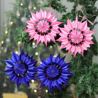 'Artisan-Made Set of 4 Blue and Pink Flower Paper Ornaments'