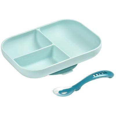 BEABA Silicone Divided Suction Plate And Spoon Set - Rain