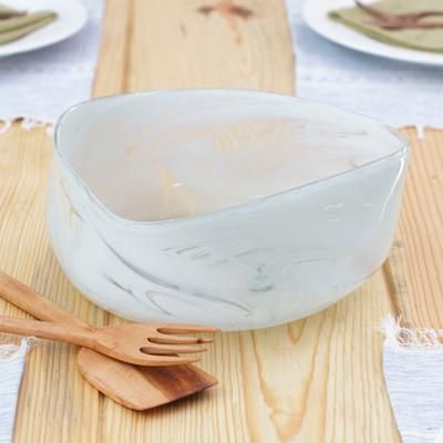 'Eco-Friendly White Handblown Glass Salad Bowl from Mexico'