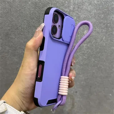 Armor Slide Window Protection Wrist Strap Cord Case for iPhone 16 15 13 12 11 14 Pro Max Plus Solid