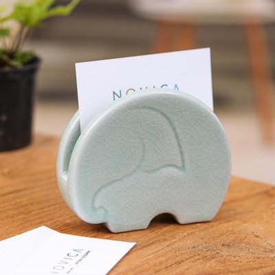Homely Elephant,'Crackled Light Green Celadon Ceramic Elephant Card Holder'
