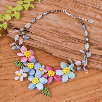 'Blue and Pink Spring-Themed Quartz and Glass Beaded Necklace'