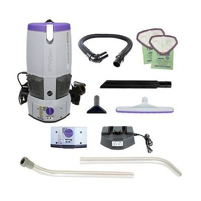 ProTeam GoFree Flex Pro II, 12 Ah, 6 quart Cordless Backpack Vacuum 107650 with Xover Multi-Surface Two-Piece Wand Tool Kit 107098