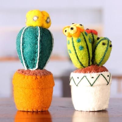 'Cotton-Embroidered 2-Piece Wool Felt Cactus Home Accent Set'