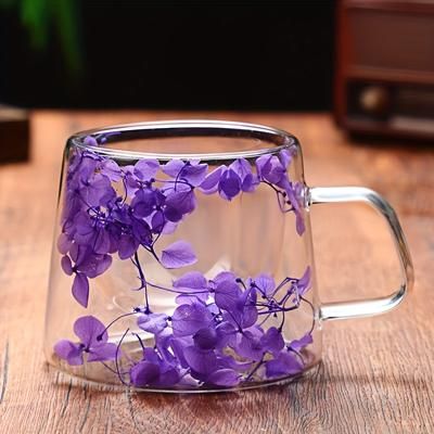 TEMU Elegant 7oz Double-walled Glass Mug With Real Flowers - Tea, Milk, Coffee | Anti-scald Handle | Ideal Gift For & Colleagues