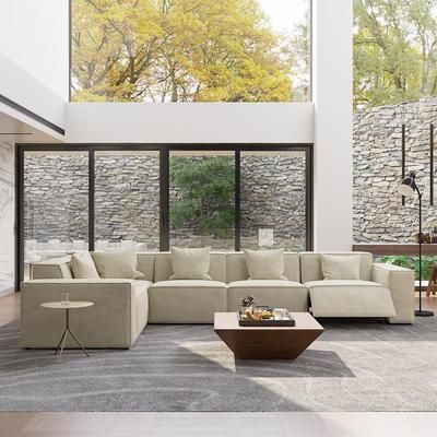 141.05" Minimalist Power Reclining L-shaped Couch, 2 Recliner, Corner Piece Included, Anti-scratch Fabric, Beige