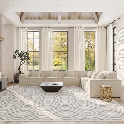 141.05" Minimalist Power Reclining L-shaped Corner Couch, 3 Recliners, Sofa with 4 Main Seats and 3 Extras, Fabric, Beige