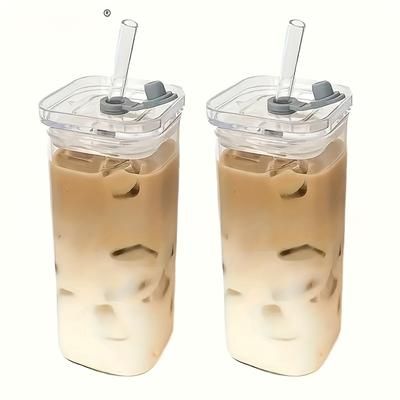 TEMU 1/2/4 12 Ounce Reusable Glass Travel Cups - Heat-resistant And Resistant, Including Lid And Straw, Hot And Cold Drinks, Outdoor Travel