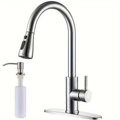 TEMU Kitchen Sink Faucet With Pull Down Sprayer & Soap Dispenser, Brushed Nickel Stainless Steel Kitchen Faucet With Deck Plate, High Arc Single Handle Sink Faucet For Utility Rv Laundry