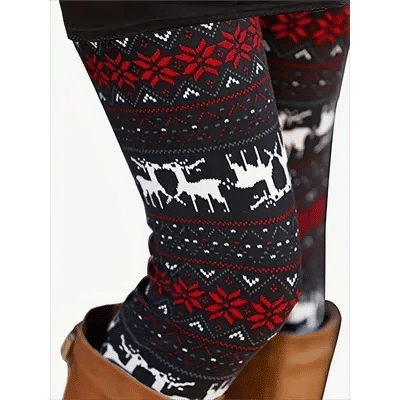 Christmas Elk & Snowflake Print Skinny Leggings Vintage High Waist Stretchy Leggings Women's Clothing