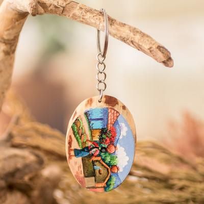 'Pinewood Keychain with Hand-Painted Guatemalan Woman Motif'