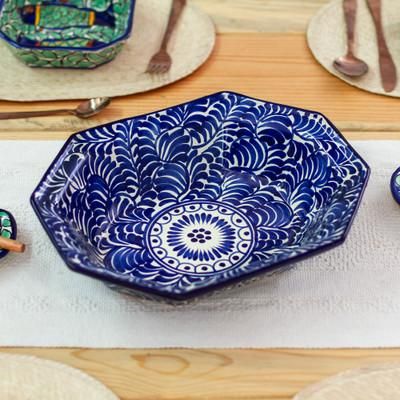'Baroque-Inspired Leafy Talavera Blue Ceramic Serving Bowl'