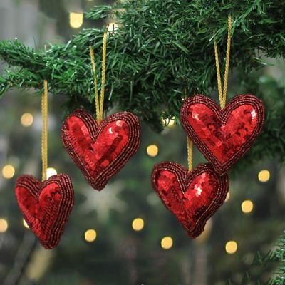 'Crimson Sequin and Glass Beaded 4-Piece Heart Ornament Set'