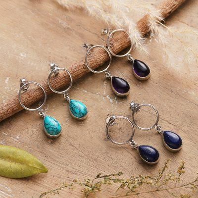 Dazzling Epoch,'Traditional Gemstone Dangle Earrings from India (Set of 3)'