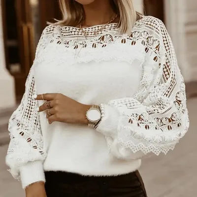 Pull à manches longues et bouffantes pour femme, blanc pur, floral, creux, à la mode, couverture assortie avec tout, produit unique, nouveau, automne et hiver