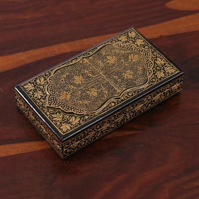 'Hand-Painted Black Gold Papier Mache Wood Decorative Box'