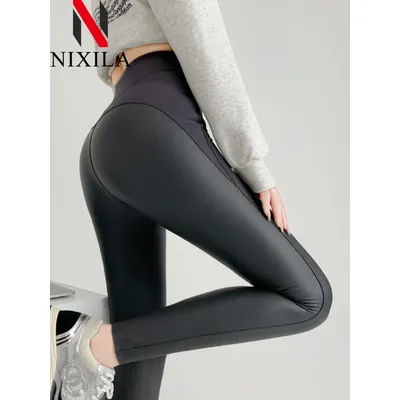 New Winter Autumn Thin Fleece Pu Leather Leggings for Women High Waist Pants Push Up Black Sexy Tights Stretch Fitness Leggings
