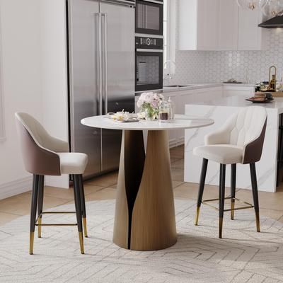 PU Leather Counter Height Bar Stools Set of 6, 24" Seat Height Upholstered Modern Bar Stools with Back and Metal Legs for Kitchen, Brown