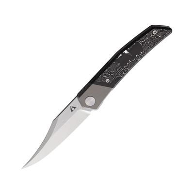 CMB Made Knives Zetsu Folding Knife w/ Silver Swirl 4.5in Closed 3.5in Satin Bohler M390 Stainless Curved Blade Carbon Fiber Handle w/ Silver Swirl