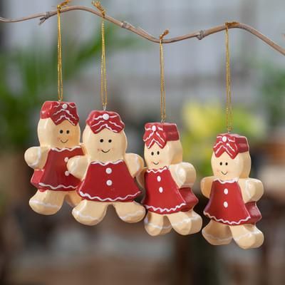 'Hand-Painted 4-Piece Wood Ornament Set of Gingerbread Girl'